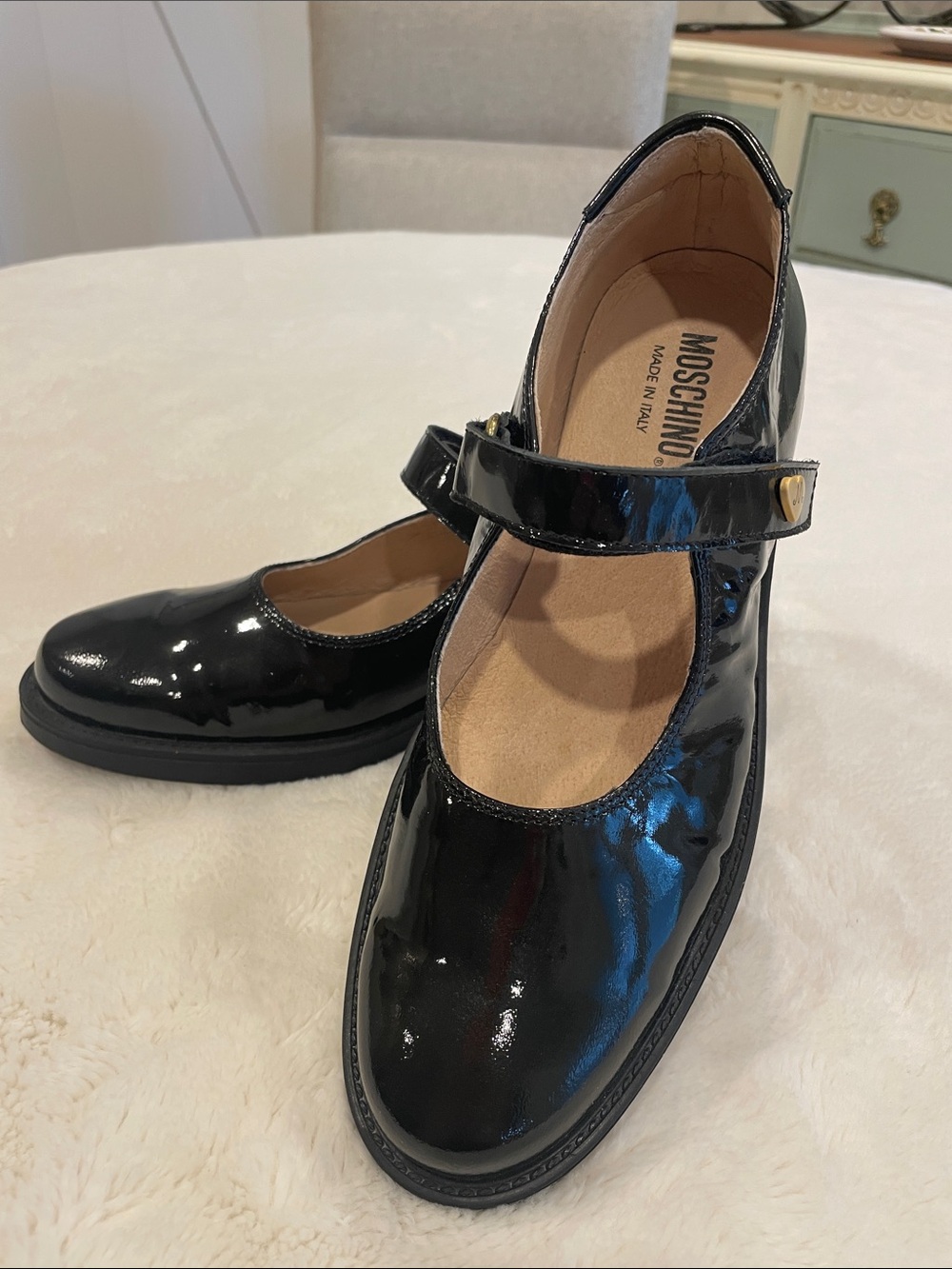 Moschino Black Patent Mary Jane with Heart Accent
